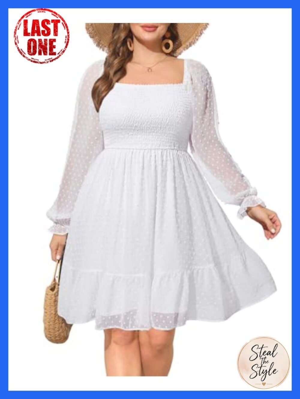 Plus Size Swiss Dot Puff Sleeve Smocked Short Dress